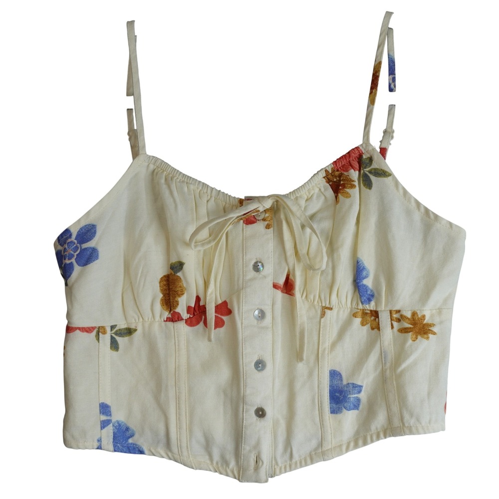 Butter Yellow Floral Corset Crop Top M Linen Button Up Boho Cottage Summer Cami